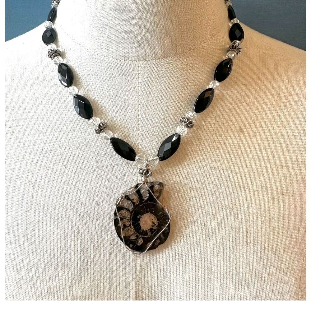 Crystalized ammonite fossil quartz beaded sterling silver pendant necklace